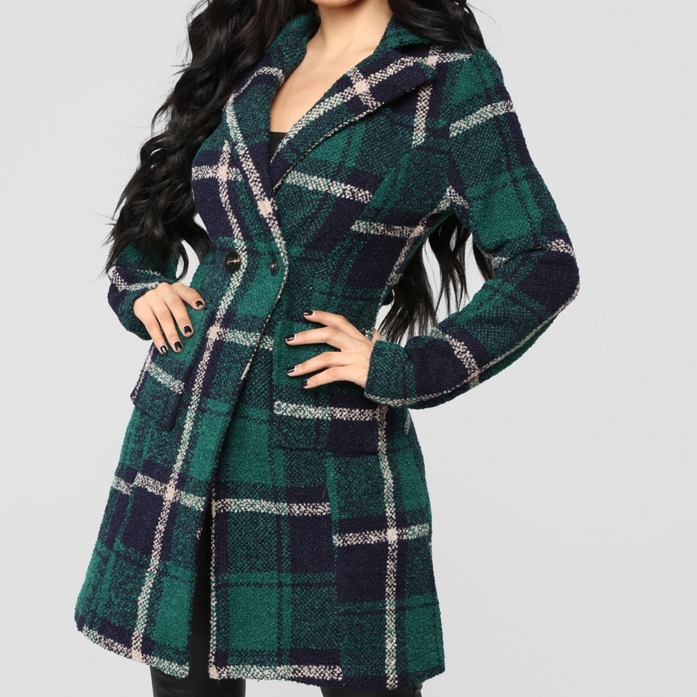 Fashion Nova Green and Navy Plaid Coat